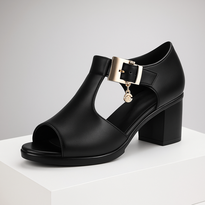 Black leather open-toe block heel pumps for women, featuring elegant buckle detail.