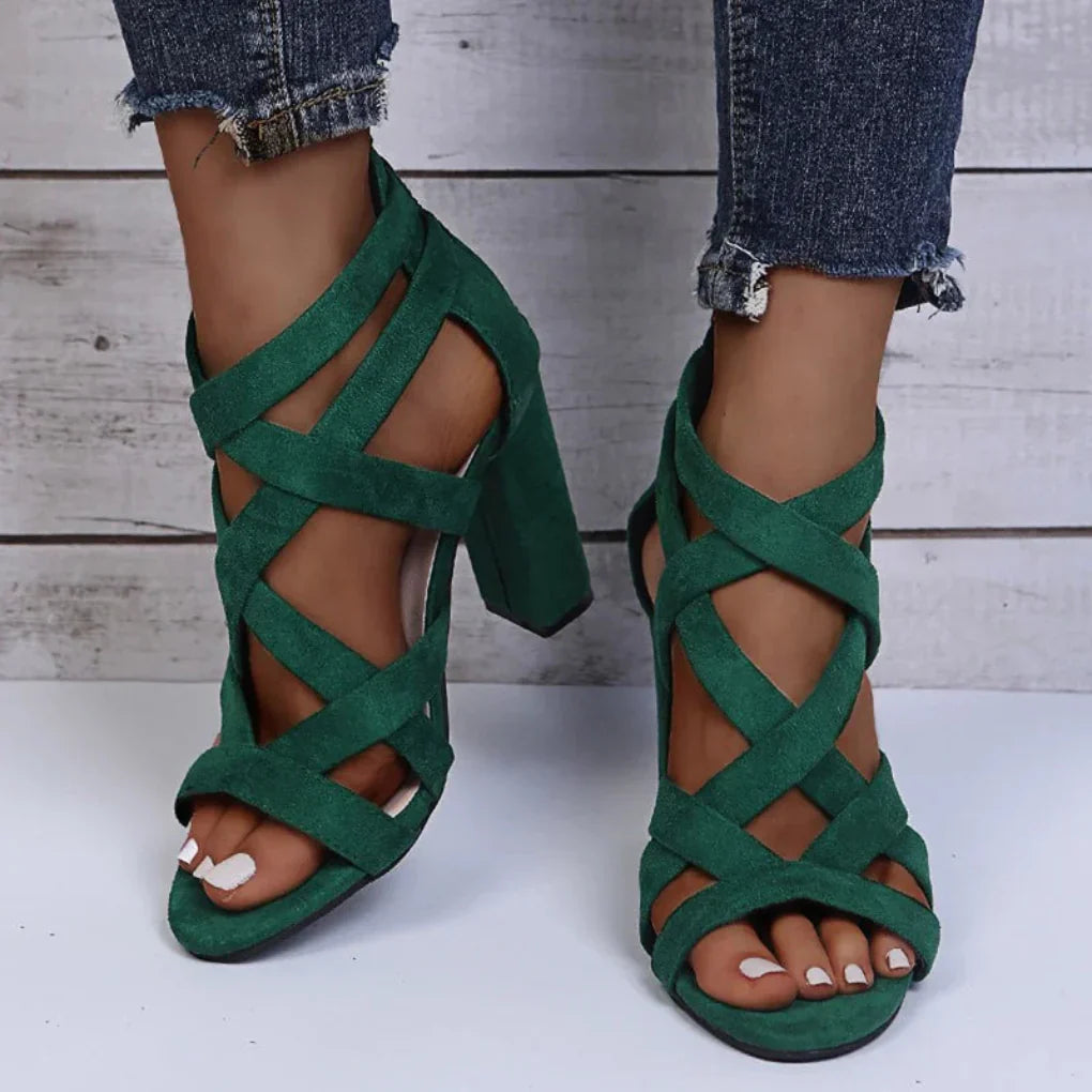 Stylish women's black block heel sandals with thin straps, perfect for casual heels & summer shoes