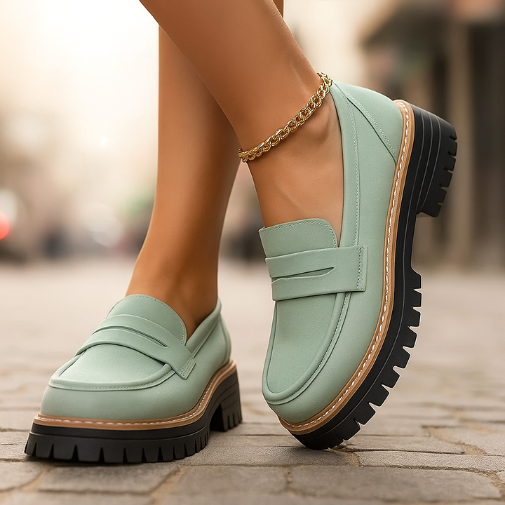 Women's green comfort platform loafers, orthopedic casual footwear