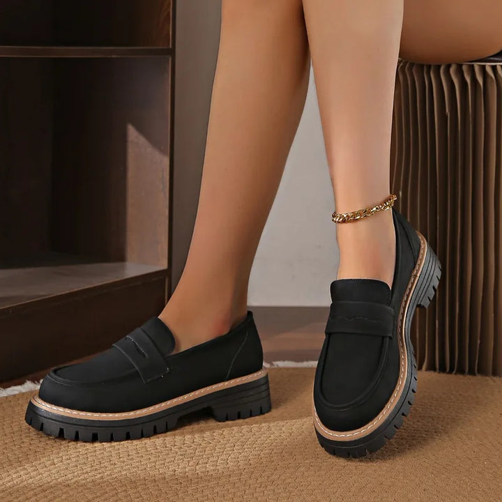 Black women's platform loafers, designed for orthopedic comfort