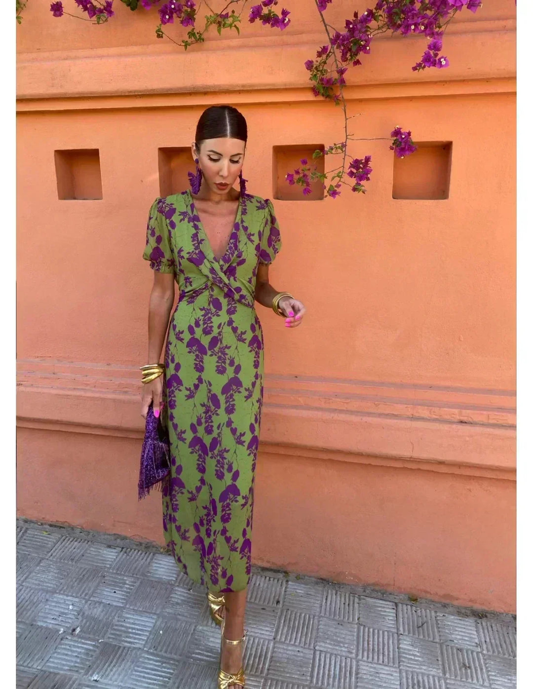 Women's green floral print wrap V-neck maxi dress, a chic and casual summer fashion essential for her.