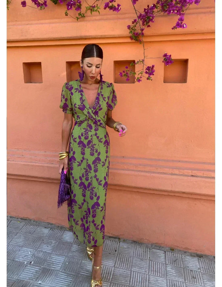 Women's green floral print wrap V-neck maxi dress, a chic and casual summer fashion essential for her.
