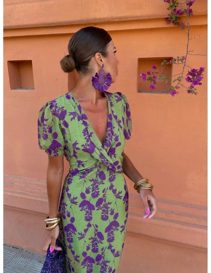 Comfortable women's boho chic floral print maxi dress with a flattering wrap V-neck, perfect for any summer day.
