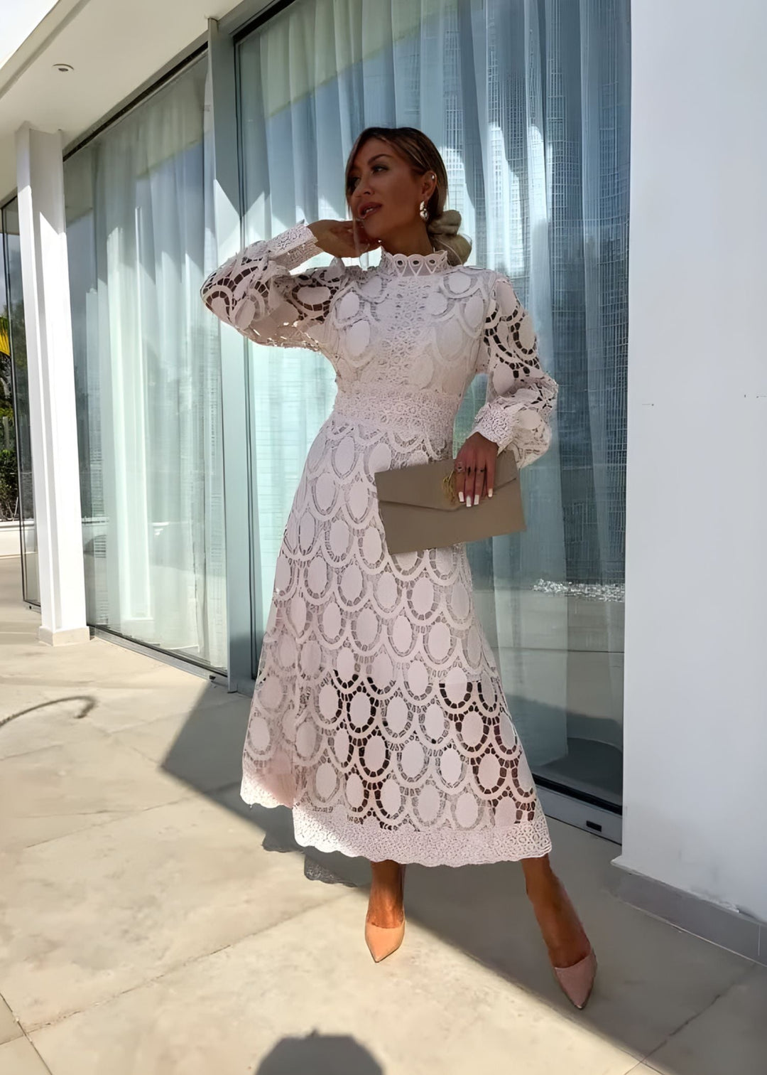 Women's guilted lace maxi dress with high neck & puff long sleeves, elegant for special occasions.