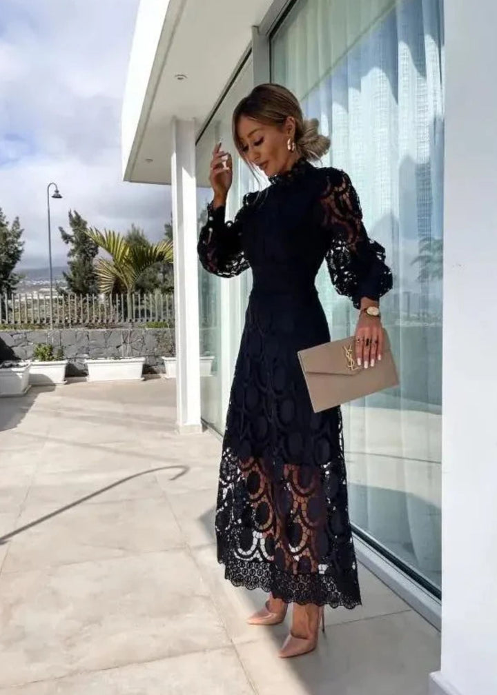 Elegant women's A-line guilted lace maxi dress, high neck, puff sleeves. Perfect for formal events & parties.