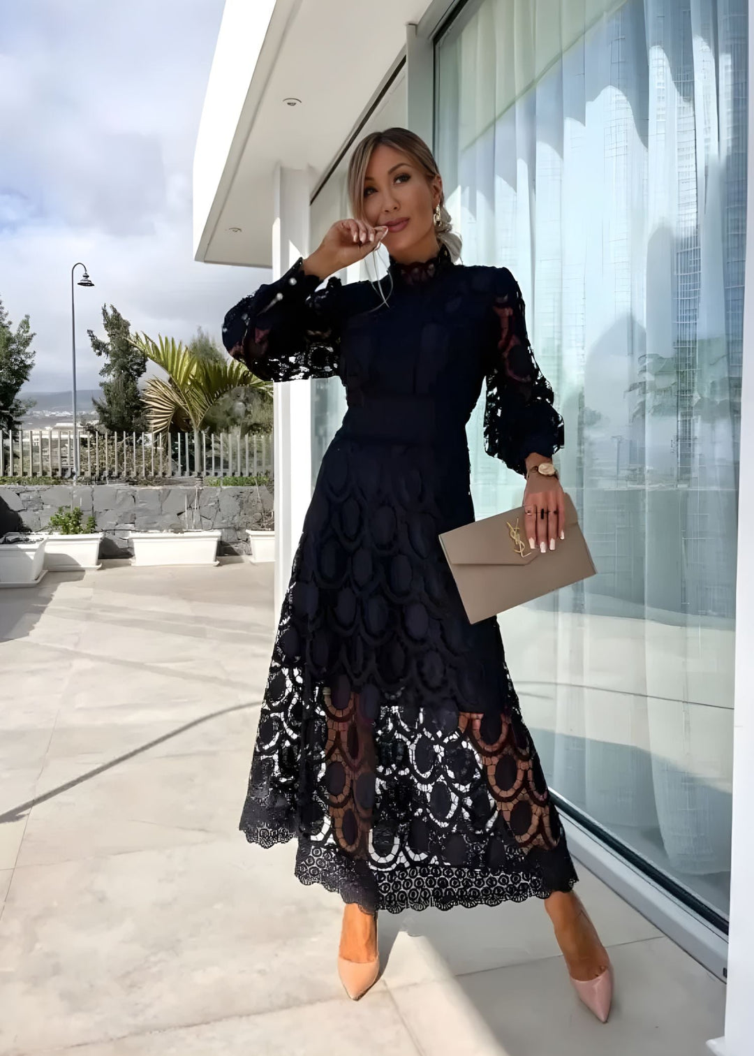 Formal women's guilted lace maxi dress, high neck, puff sleeves. A stunning evening gown for special occasions.