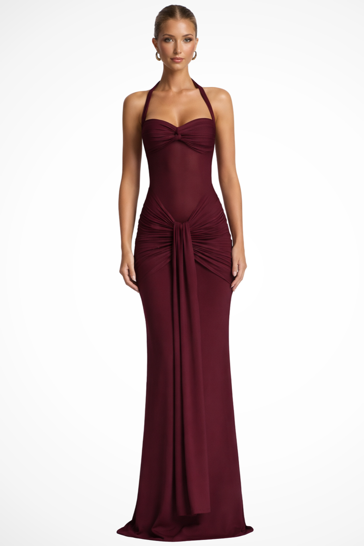 Women's halter neck ruched bodycon maxi dress. Elegant formal evening gown for special occasions.