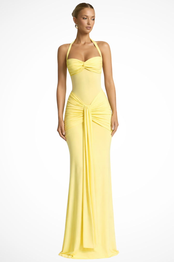 Sophisticated women's formal evening gown. Halter neck ruched bodycon maxi dress for gala events.