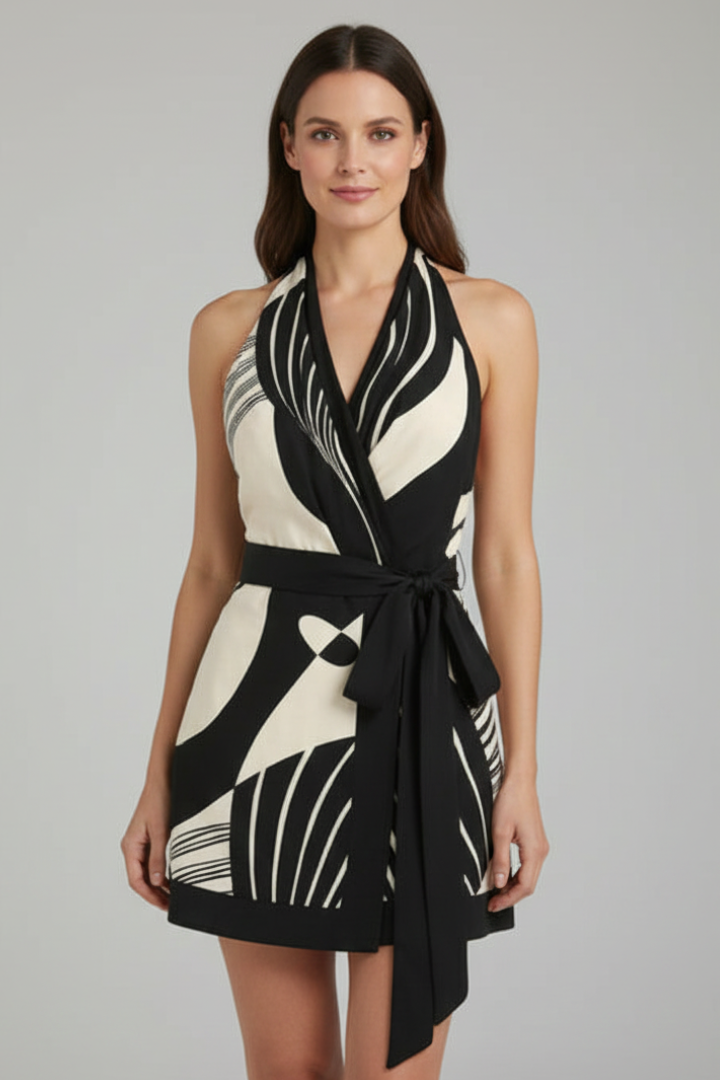 Stylish women's halter wrap mini dress with tie waist. Ideal for summer parties, casual outings, or special events.