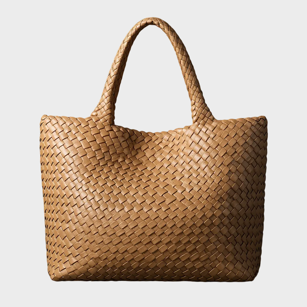 Sienna brown woven leather large tote bag, a sophisticated women's shoulder bag with generous capacity.