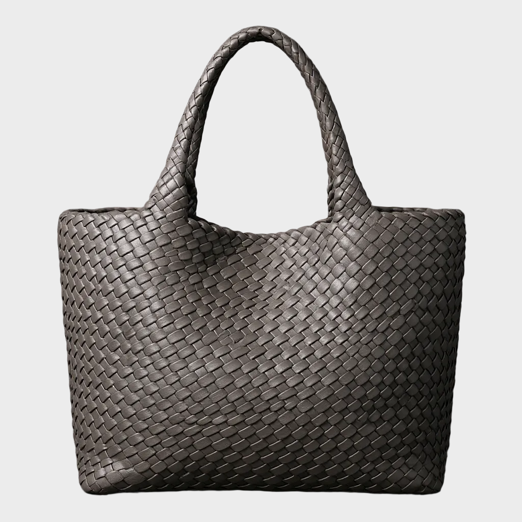 Intricate interlaced handwoven leather large tote bag for women, a durable and chic everyday handbag.