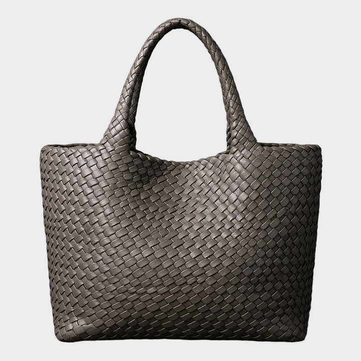 Intricate interlaced handwoven leather large tote bag for women, a durable and chic everyday handbag.