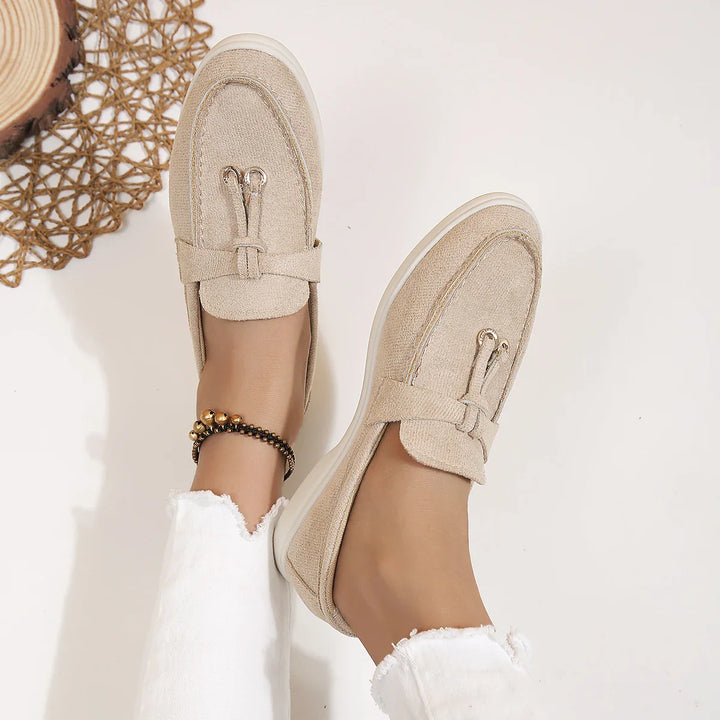 Women's light khaki fabric slip-on loafers, versatile flat shoes for comfort