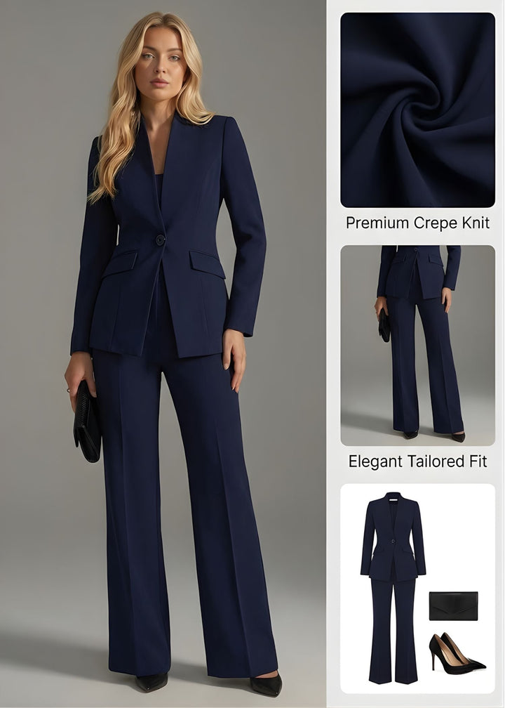 Women's high collar blazer & wide leg trouser suit set. Perfect professional business attire.
