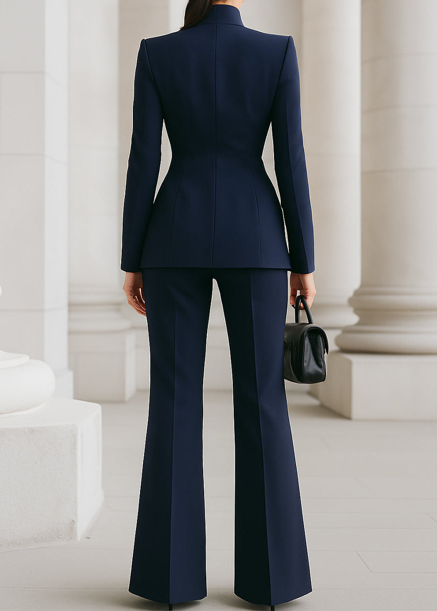 Complete women's two-piece suit: high collar blazer & wide leg trousers. Elegant, versatile, business-ready.