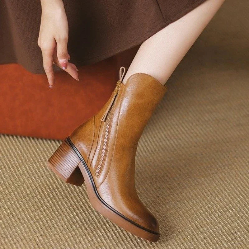 Comfortable women's high heel ankle boots with zipper and shock-absorbing sole for all-day wear.