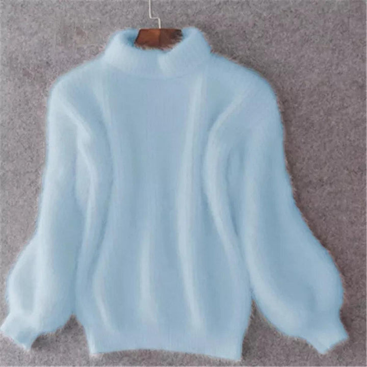 Women's high neck knit pullover sweater, soft and cozy, perfect for casual winter fashion.