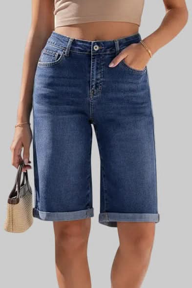 Soft fabric women's high-rise long shorts. Relaxed fit, perfect for effortless casual summer style & everyday wear.
