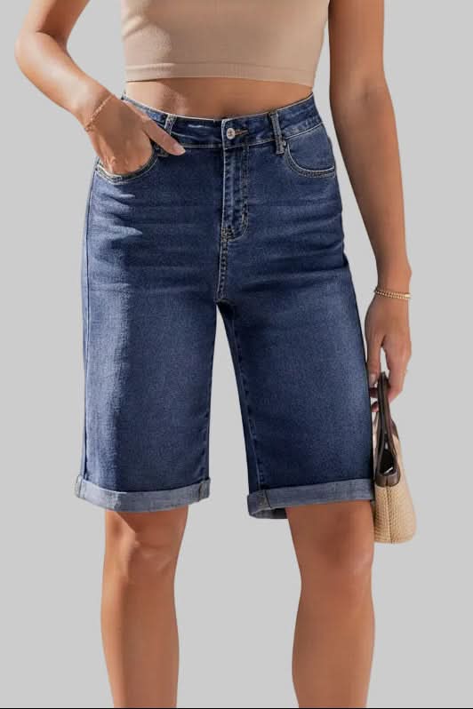 Summer women's long shorts with a high-rise waist. Casual and comfortable, ideal for everyday fashion & relaxed style.