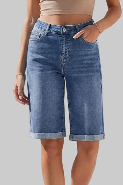 Relaxed fit women's high-rise long shorts. Effortless casual style, perfect for everyday wear and summer fashion.