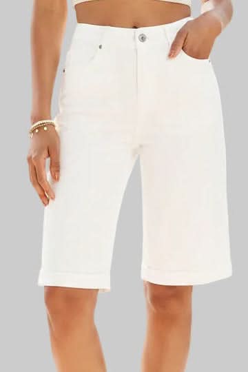 High-rise, long women's casual shorts. Versatile for summer fashion, offering comfort for everyday style.