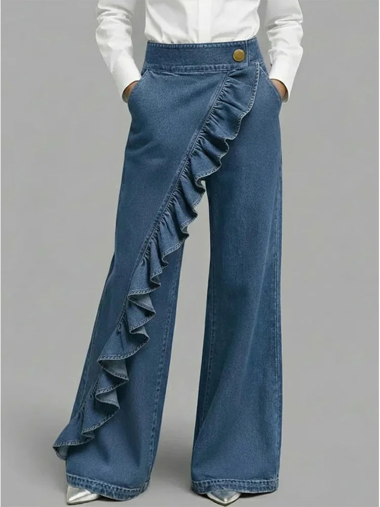 Women's high rise wide leg blue jeans with stylish ruffle detail. Comfortable and trendy fashion statement.
