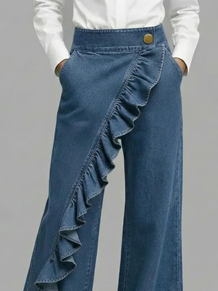 Trendy women's wide leg high waist jeans with elegant ruffle trim. Comfortable fit for casual fashion.