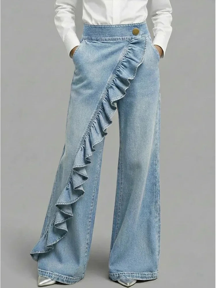 Light blue women's wide leg jeans, high rise with fashionable ruffle detail. Trendy and comfortable fit.