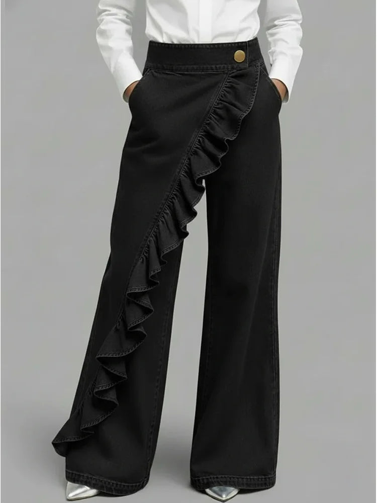 Fashionable women's wide leg high-rise jeans with statement ruffle detail. Perfect for a trendy look.