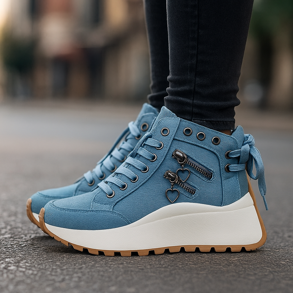 Women's high-top comfort sneakers, black, with orthopedic insole and lace-up closure