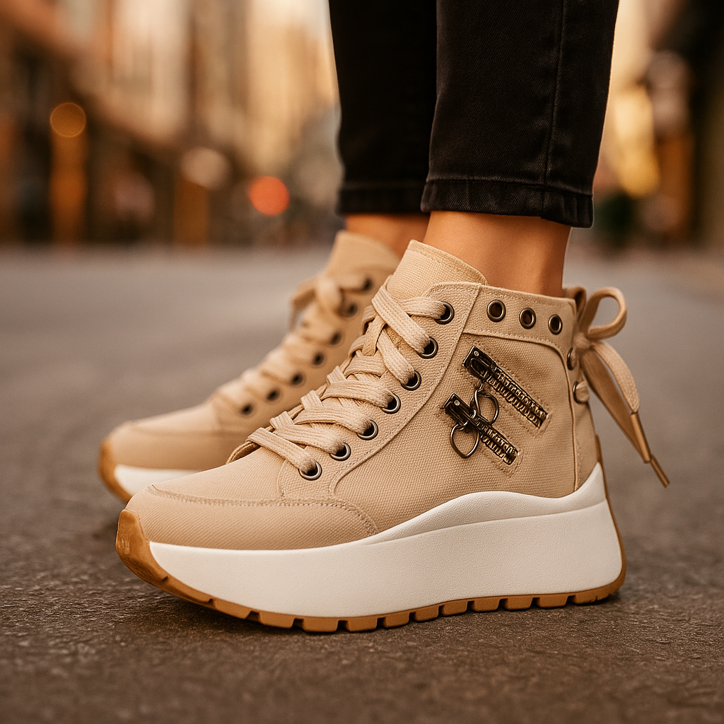Casual women's high-top sneakers in a street-style look, perfect for athletic casual outfits
