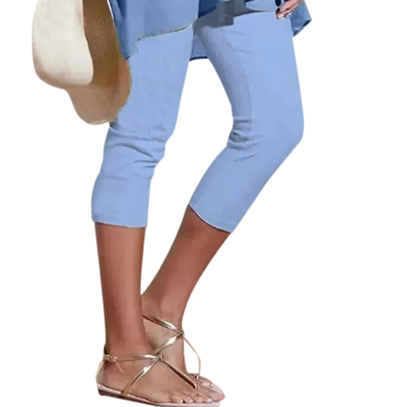 Close-up of the buttery soft fabric of women's high waist knee-length leggings