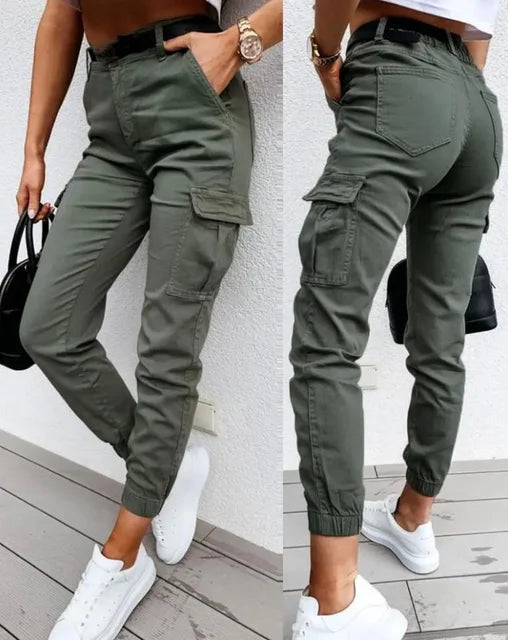 Women's high waist cargo jogger pants with multiple utility pockets, perfect for casual wear & streetwear fashion.