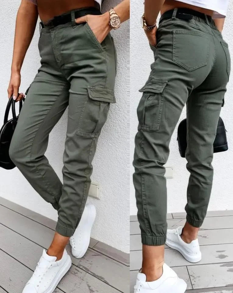 Soft, comfortable women's high waist cargo joggers, ideal for versatile casual wear & effortless street fashion.