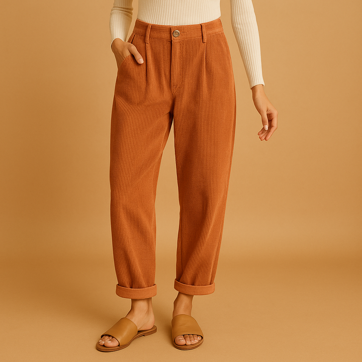 Relaxed fit women's corduroy trousers with a flattering high waist, versatile for daily wear.