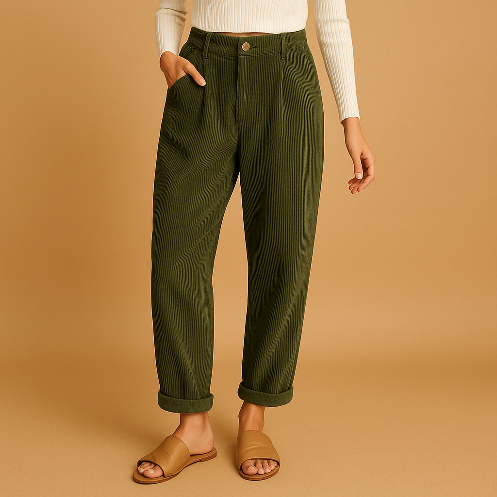 Stylish women's high-waisted corduroy pants, straight leg design, ideal for autumn fashion.