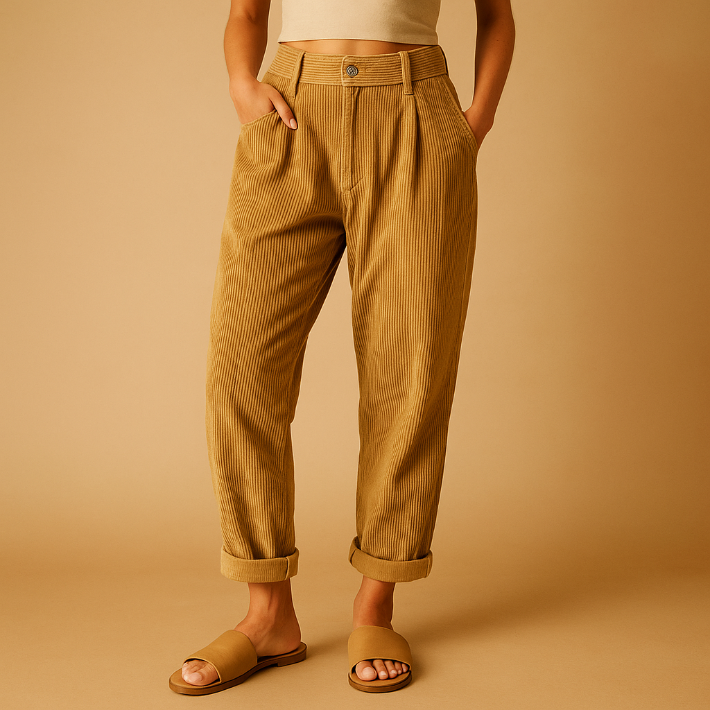 Versatile women's corduroy high waist trousers, straight leg cut for flattering autumn outfits.
