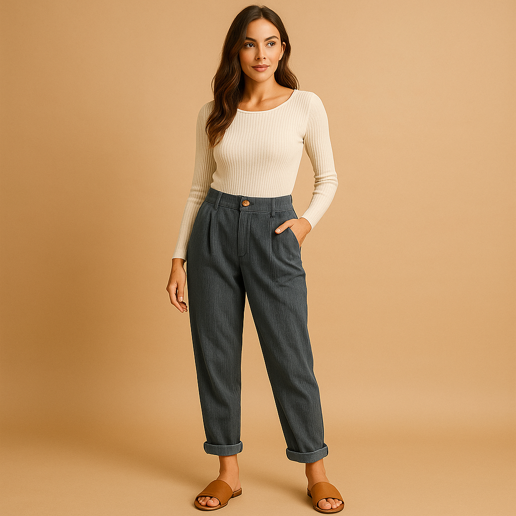 Close-up of soft women's corduroy fabric on high-waisted straight leg pants, comfortable autumn wear.