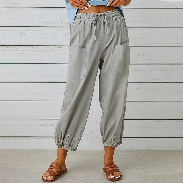 Chic women's casual trousers: high waist, drawstring, and fashionable ankle length.