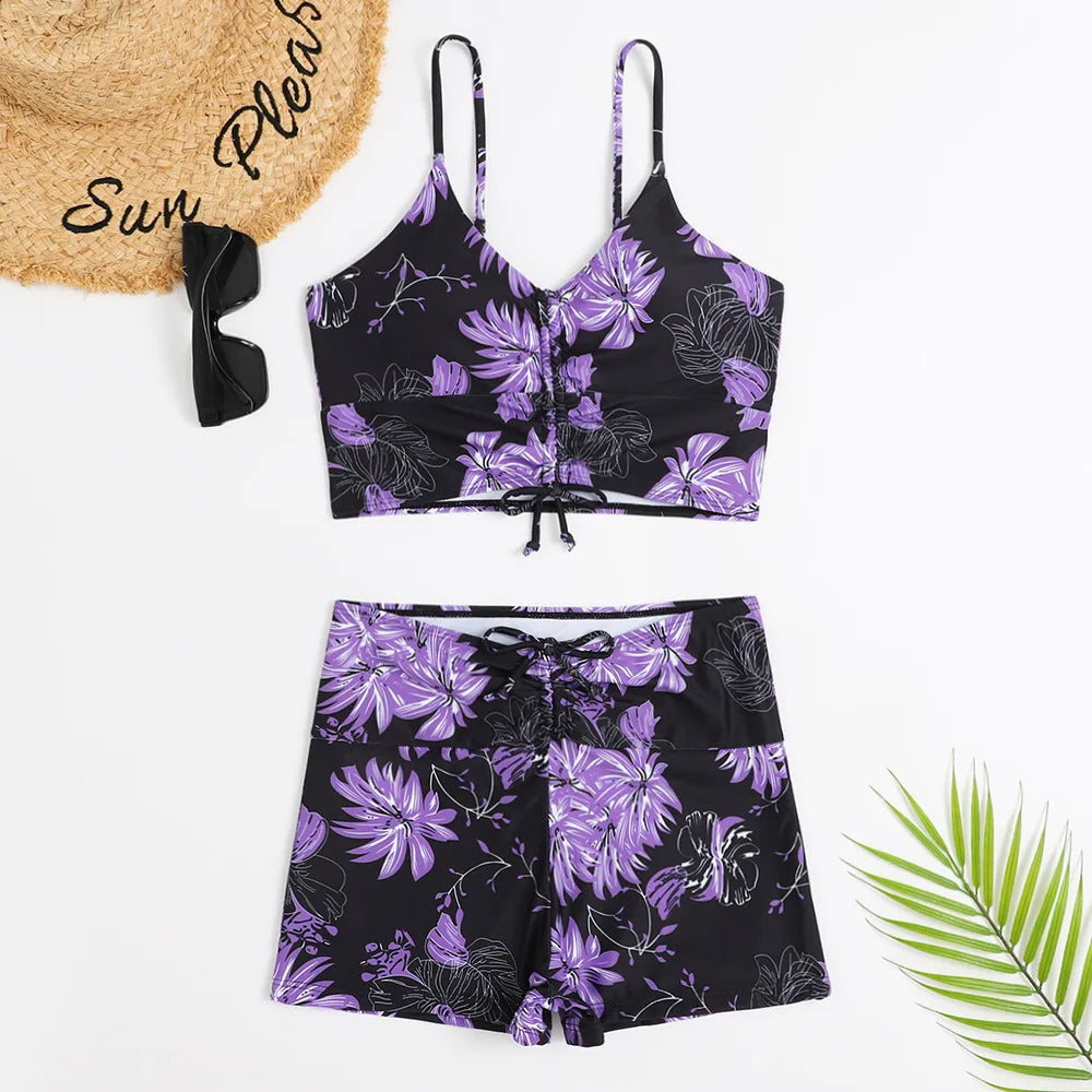 Summer-ready women's floral high-waist bikini, a supportive and trendy swimwear choice.