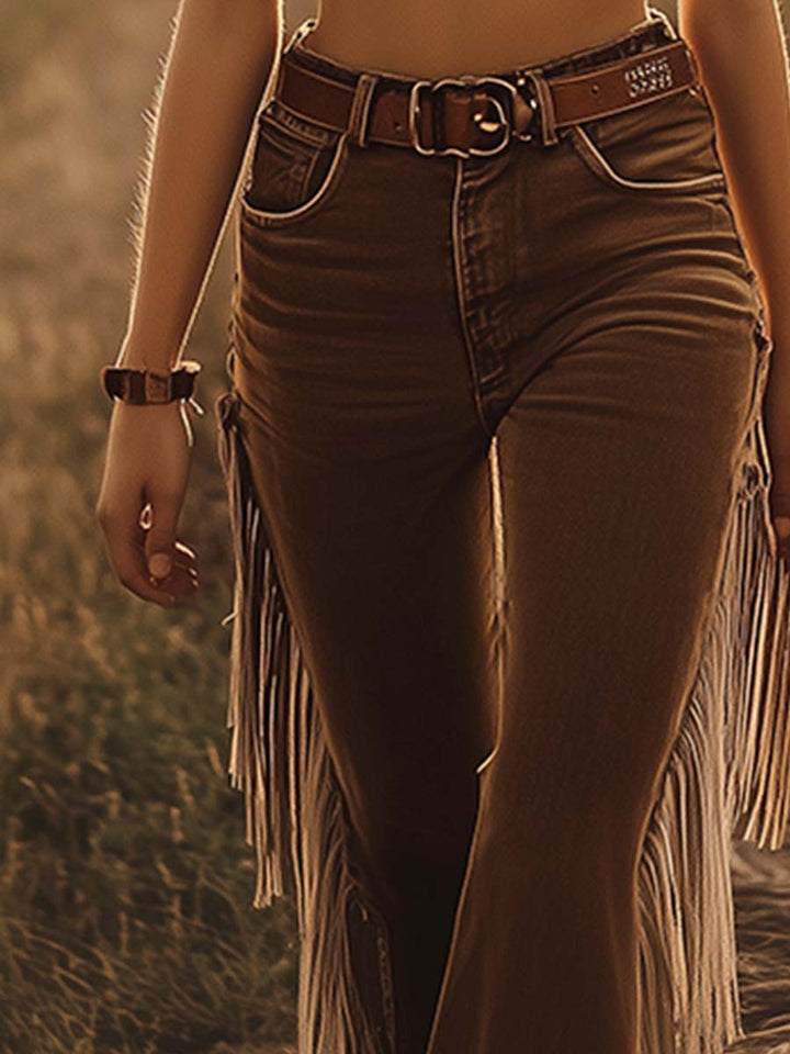 Trendy high waist flare jeans for women, featuring fringe for a western, comfortable statement fashion.