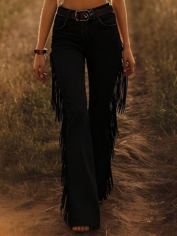 Must-have women's high waist western flare jeans with stylish fringe, ideal for boho or festival fashion.
