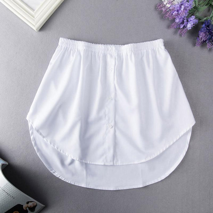 Close-up of women's high waist fake hem skirt, layered style for casual wear