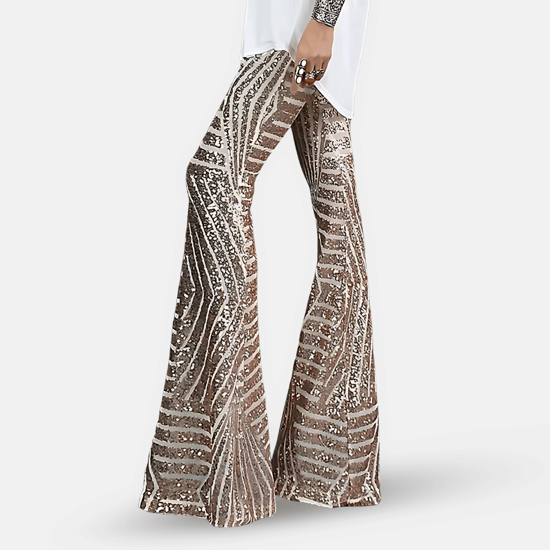 Women's high waist sequin flared pants, perfect for glamorous partywear & night out events.