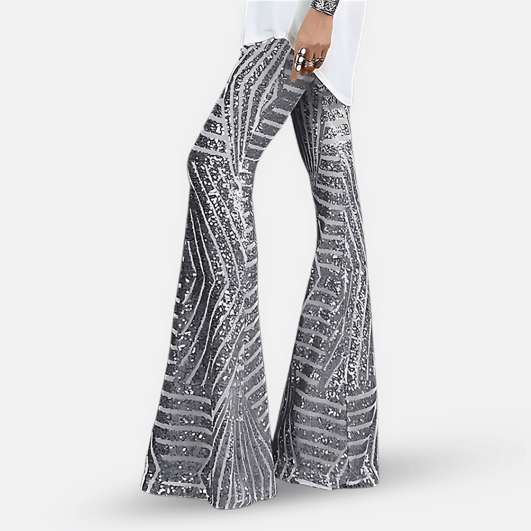 Sparkling high-waist sequin flare pants for women, ideal for festivals, parties & streetwear fashion.