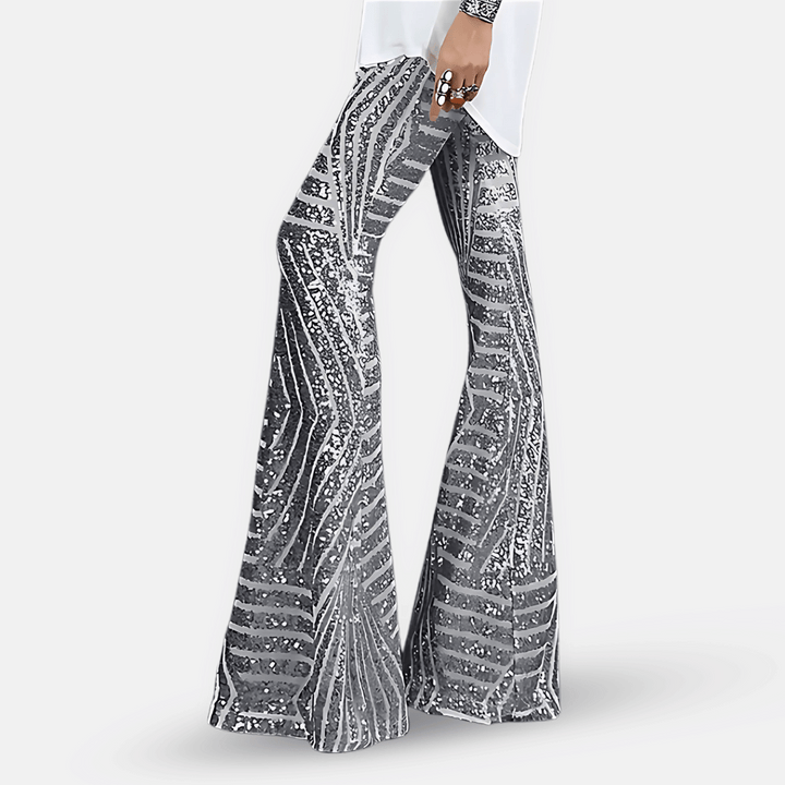 Sparkling high-waist sequin flare pants for women, ideal for festivals, parties & streetwear fashion.