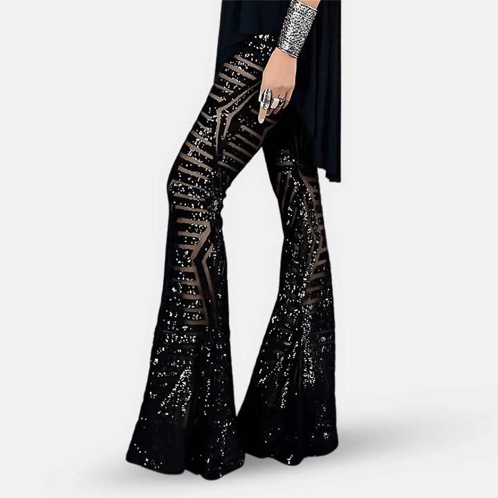 Glamorous women's sequin high-waist flared pants, a stylish choice for night-out and summer fashion.