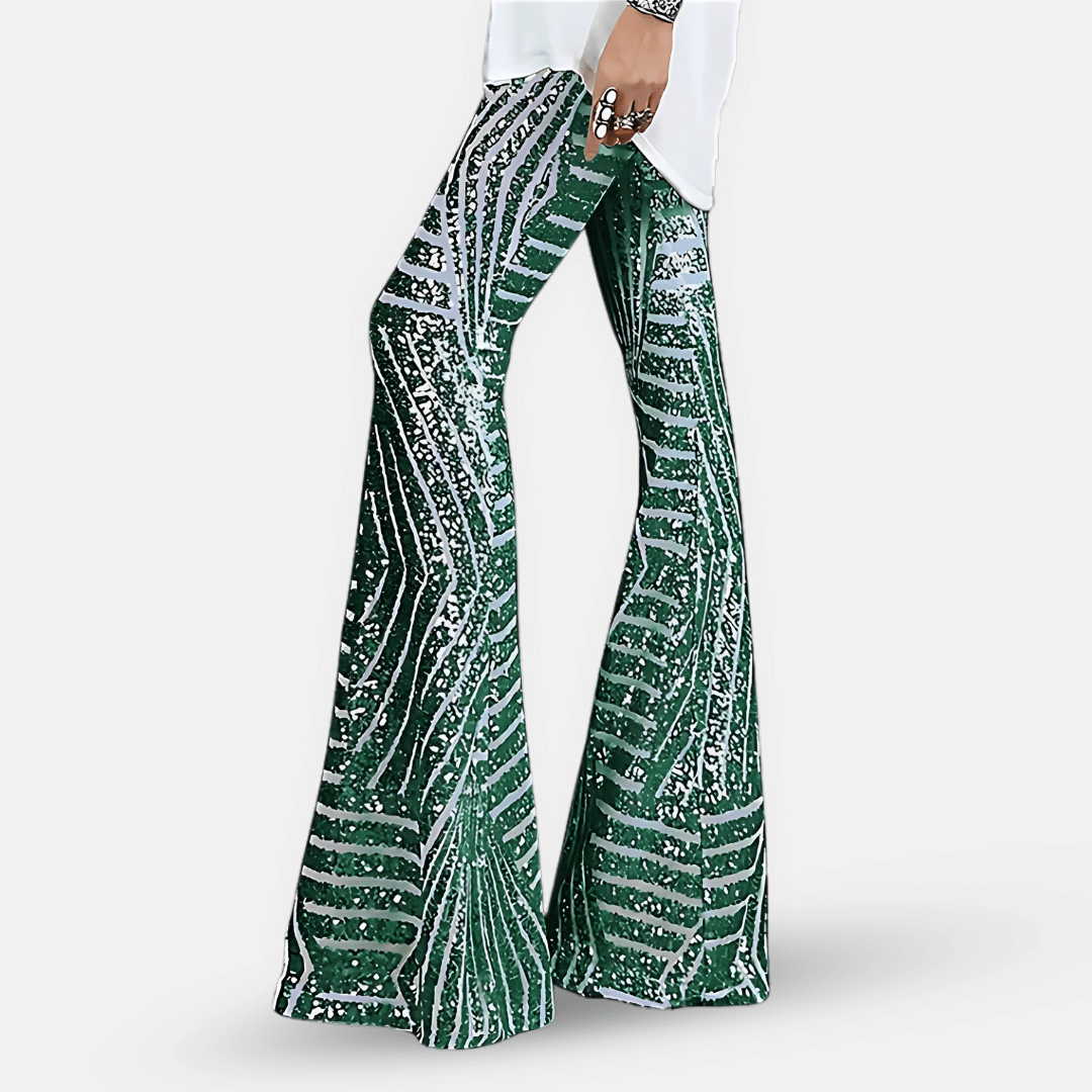 Shimmering sequin high-waist flare pants for women, offering a comfortable and stylish party look.