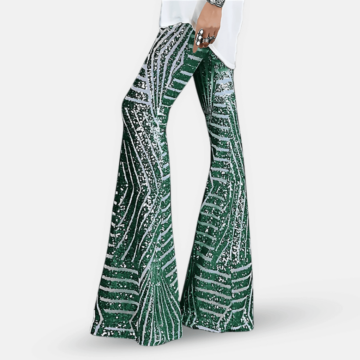 Shimmering sequin high-waist flare pants for women, offering a comfortable and stylish party look.