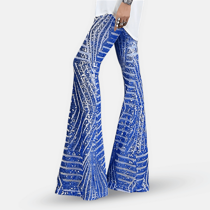 Dazzling women's sequin high-waist flared pants, shimmering with every step, perfect for party nights.